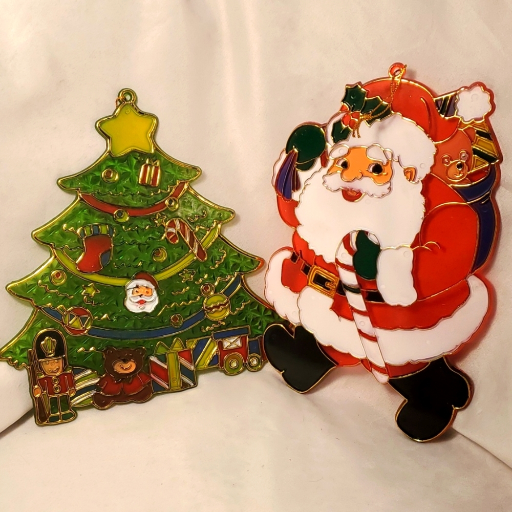 Vintage Christmas Window Plastic Suncatcher "Stained Glass" Ornaments Holiday